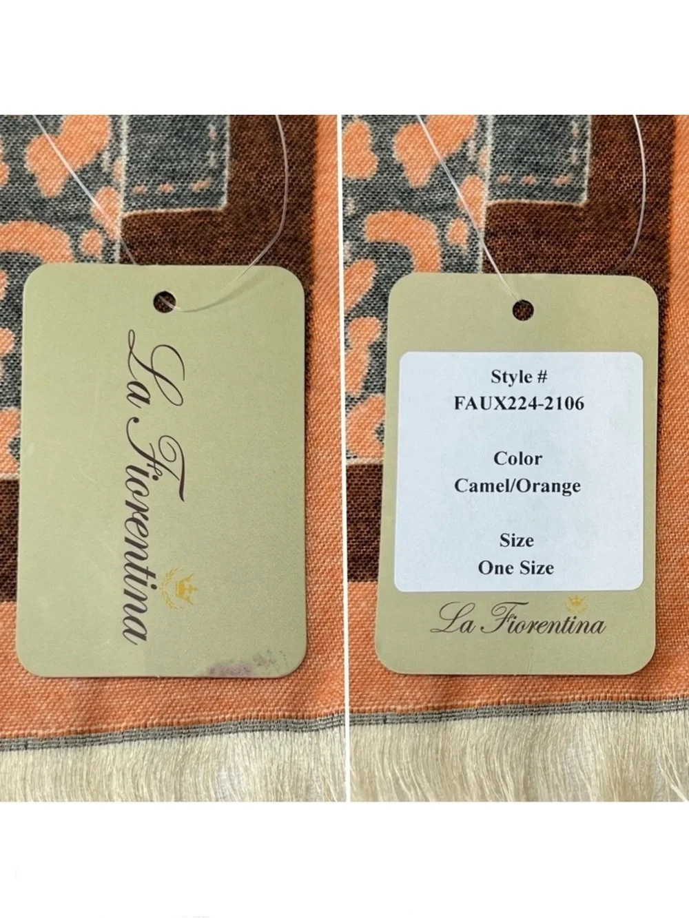 La Fiorentina Wrap with Faux Fur Trim Scarf Camel/Orange 72”x24” Leopard New NWT